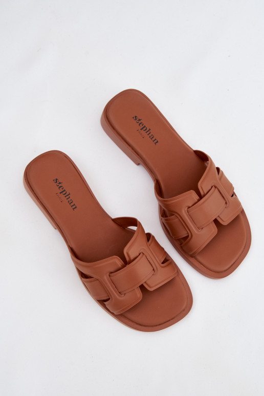 Moteriškos šlepetės su plačiais kulniukais rudos spalvos Lorania