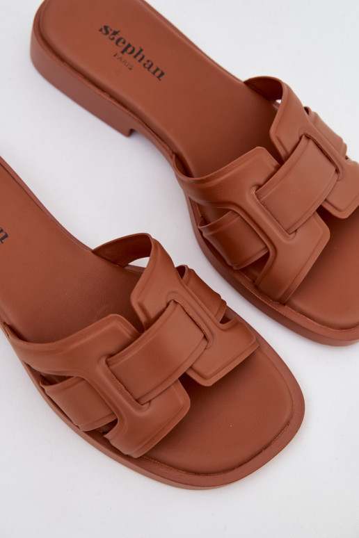 Moteriškos šlepetės su plačiais kulniukais rudos spalvos Lorania