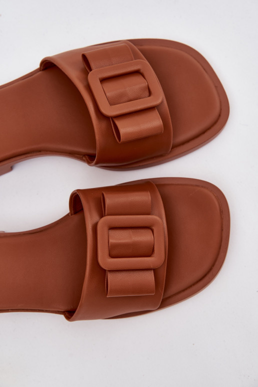 Moteriškos šlepetės su plačiais kulniukais su sagtimis rudos spalvos Melivra