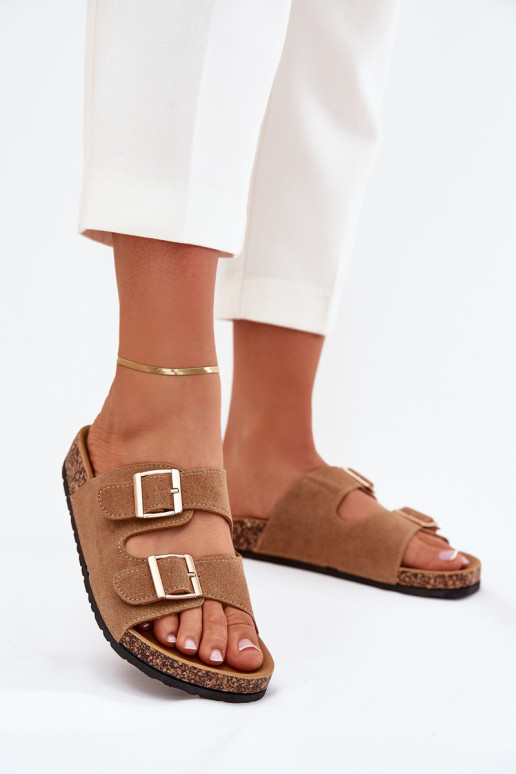 Moteriškos šlepetės Ze aukso spalvosmi su sagtimismi I Przeszyciami rudos spalvos Lunera