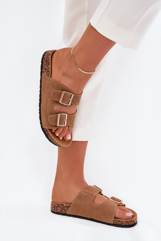 Moteriškos šlepetės Ze aukso spalvosmi su sagtimismi I Przeszyciami rudos spalvos Lunera