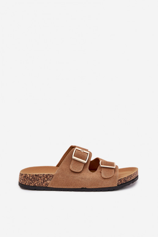 Moteriškos šlepetės Ze aukso spalvosmi su sagtimismi I Przeszyciami rudos spalvos Lunera