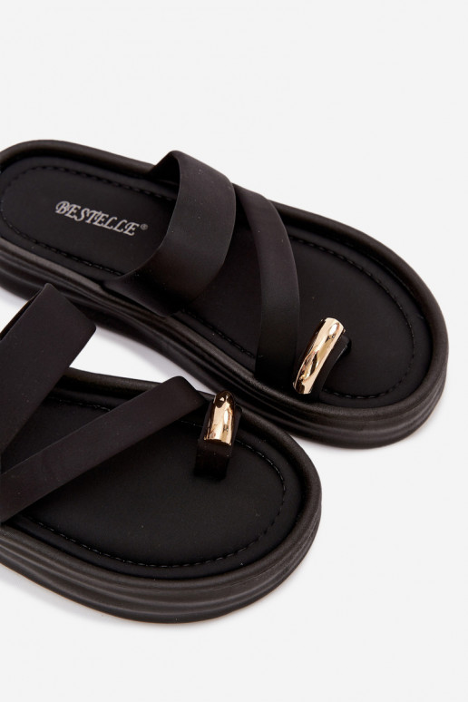  Moteriškos šlepetės su juostelėmis I aukso spalvosm Detalem juodos spalvos Farielle