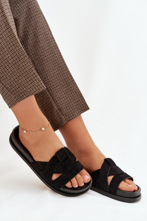 Moteriškos šlepetės iš eko zomšosoĮe su juostelėmis juodos spalvos Tai turirivessa