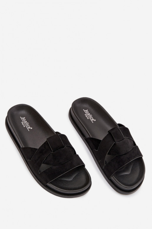 Moteriškos šlepetės iš eko zomšosoĮe su juostelėmis juodos spalvos Tai turirivessa