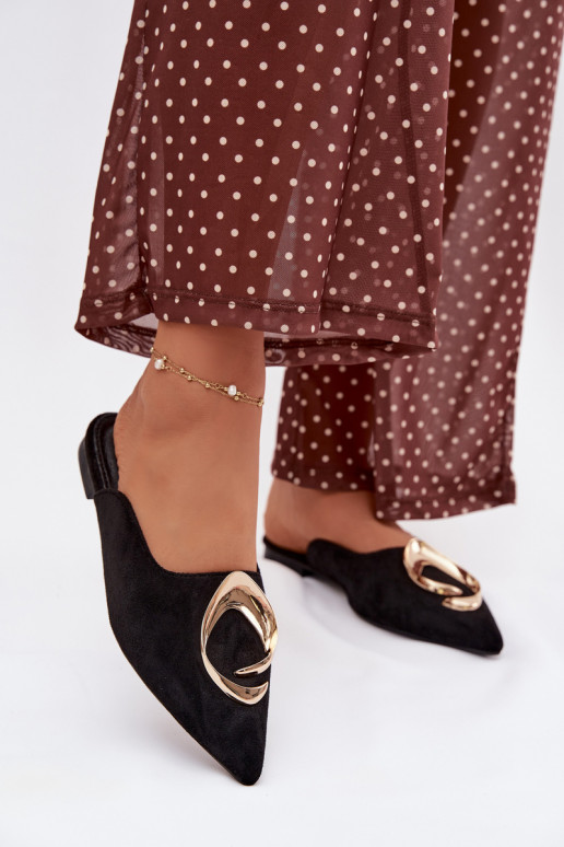 Moteriškos šlepetės Mule Su puošniais aukso spalvosm Detalem juodos spalvos Galvella