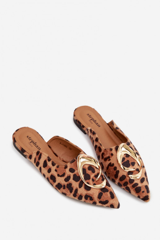 Moteriškos šlepetės Mule Su puošniais aukso spalvosm Detalem su leopardo kailio raštais Galvella