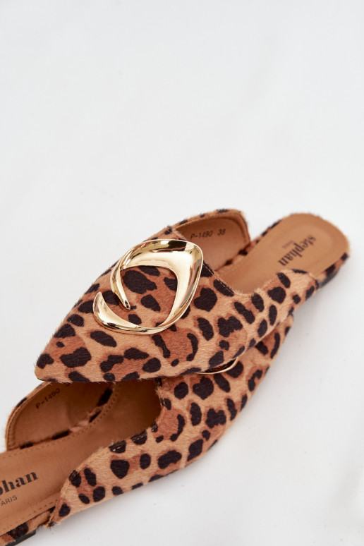 Moteriškos šlepetės Mule Su puošniais aukso spalvosm Detalem su leopardo kailio raštais Galvella