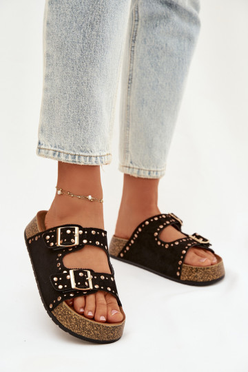 Moteriškos šlepetės Ze aukso spalvosmi su sagtimismi Ir smeigės juodos spalvos Tervina 2