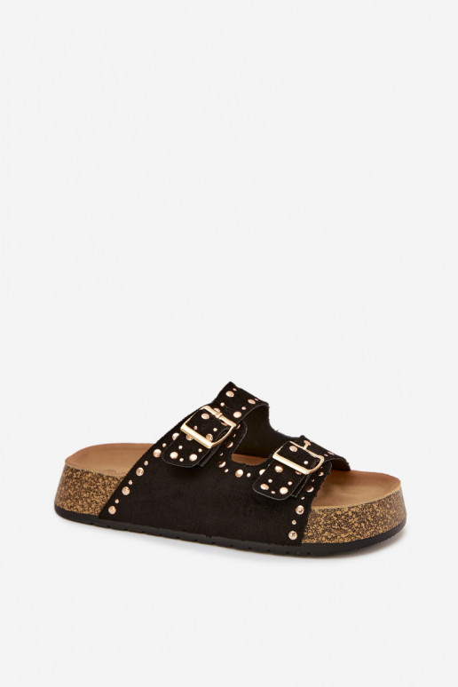 Moteriškos šlepetės Ze aukso spalvosmi su sagtimismi Ir smeigės juodos spalvos Tervina