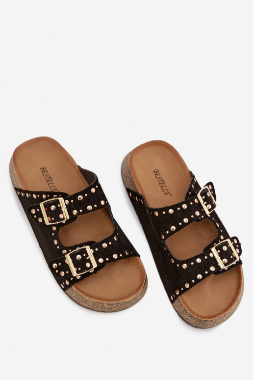 Moteriškos šlepetės Ze aukso spalvosmi su sagtimismi Ir smeigės juodos spalvos Tervina