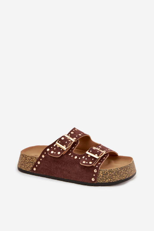 Moteriškos šlepetės Ze aukso spalvosmi su sagtimismi Ir smeigės rudos spalvos Tervina