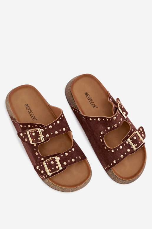 Moteriškos šlepetės Ze aukso spalvosmi su sagtimismi Ir smeigės rudos spalvos Tervina