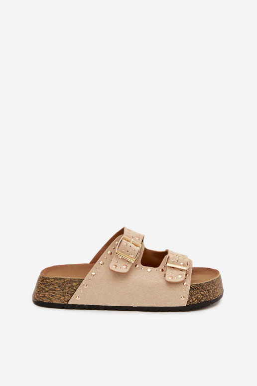 Moteriškos šlepetės Ze aukso spalvosmi su sagtimismi Ir smeigės dramblio kaulo spalvos Tervina