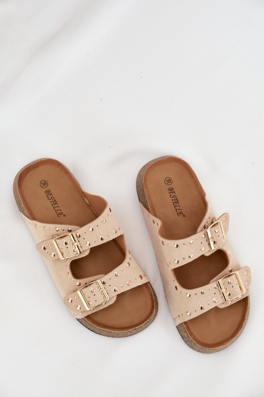 Moteriškos šlepetės Ze aukso spalvosmi su sagtimismi Ir smeigės dramblio kaulo spalvos Tervina