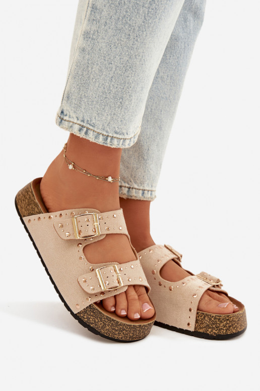 Moteriškos šlepetės Ze aukso spalvosmi su sagtimismi Ir smeigės dramblio kaulo spalvos Tervina