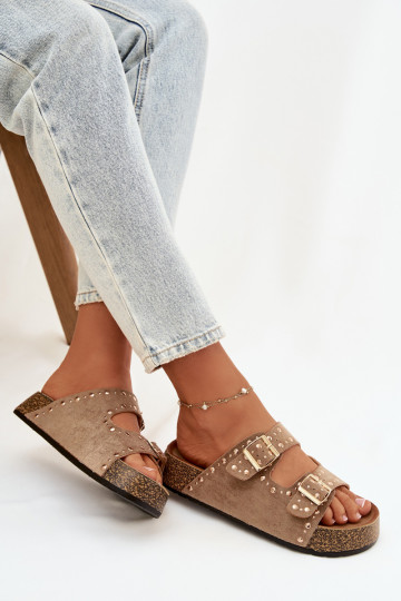 Moteriškos šlepetės Ze aukso spalvosmi su sagtimismi Ir smeigės chaki spalvos Tervina