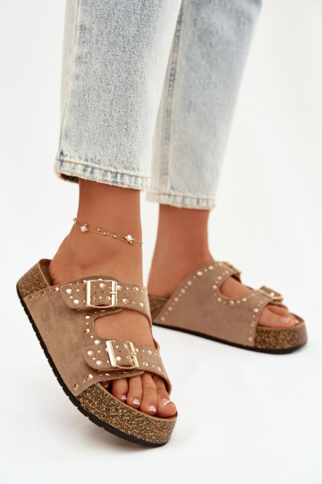 Moteriškos šlepetės Ze aukso spalvosmi su sagtimismi Ir smeigės chaki spalvos Tervina 2