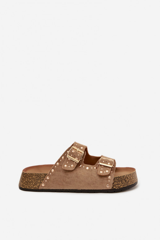 Moteriškos šlepetės Ze aukso spalvosmi su sagtimismi Ir smeigės chaki spalvos Tervina