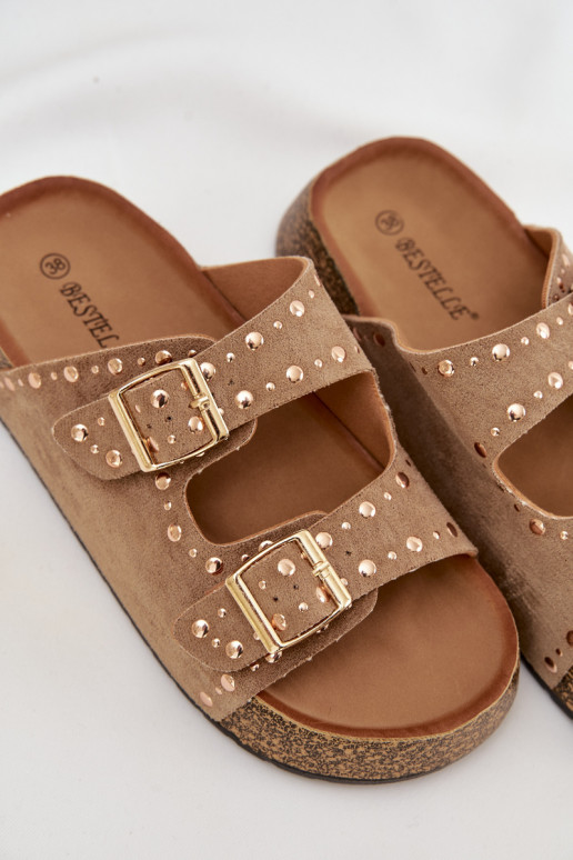 Moteriškos šlepetės Ze aukso spalvosmi su sagtimismi Ir smeigės chaki spalvos Tervina