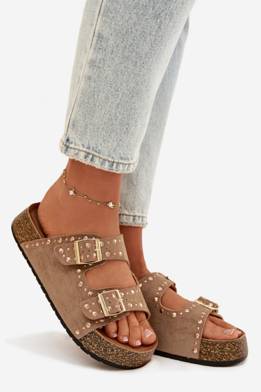 Moteriškos šlepetės Ze aukso spalvosmi su sagtimismi Ir smeigės chaki spalvos Tervina