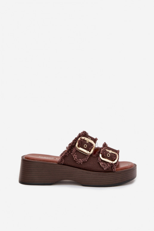 Moteriškos šlepetės su platforma Ze aukso spalvosmi su sagtimismi CzekoladoĮe Renelisse