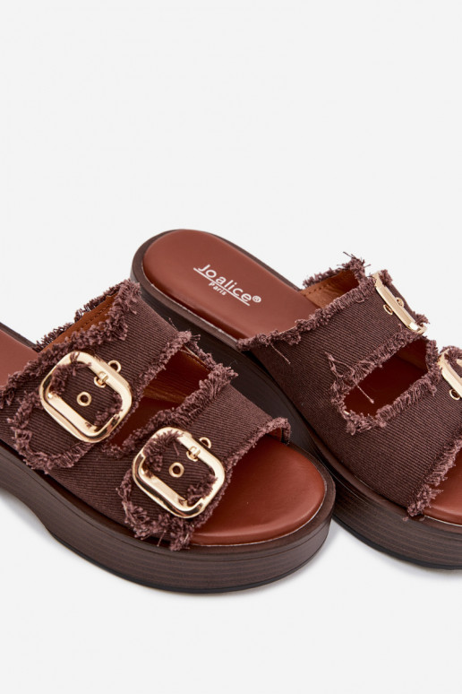 Moteriškos šlepetės su platforma Ze aukso spalvosmi su sagtimismi CzekoladoĮe Renelisse