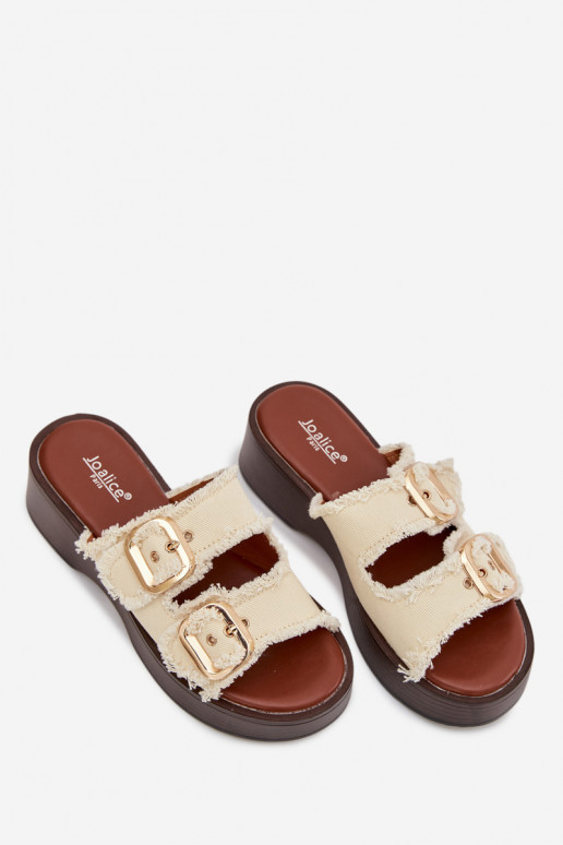 Moteriškos šlepetės su platforma Ze aukso spalvosmi su sagtimismi dramblio kaulo spalvos Renelisse