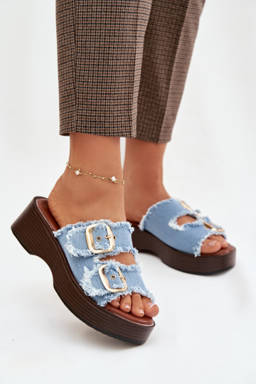 Moteriškos šlepetės su platforma Ze aukso spalvosmi su sagtimismi mėlynos spalvos Renelisse 2