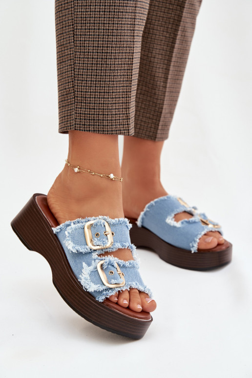 Moteriškos šlepetės su platforma Ze aukso spalvosmi su sagtimismi mėlynos spalvos Renelisse