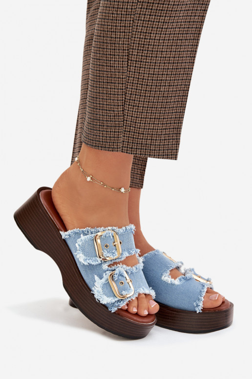 Moteriškos šlepetės su platforma Ze aukso spalvosmi su sagtimismi mėlynos spalvos Renelisse