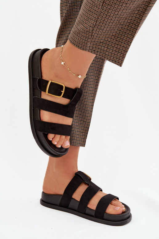 Moteriškos šlepetės su juostelėmis I Złotą su sagtimis juodos spalvos Ulirissa