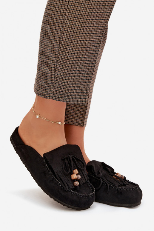 Moteriškos šlepetės Mule su kutais I koralinės spalvosikami juodos spalvos Belissa