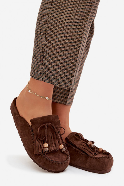 Moteriškos šlepetės Mule su kutais I koralinės spalvosikami CzekoladoĮe Belissa