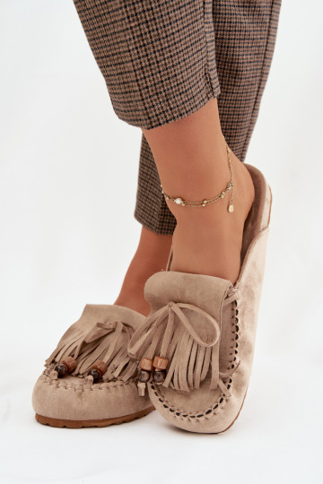 Moteriškos šlepetės Mule su kutais I koralinės spalvosikami smėlio spalvos Belissa