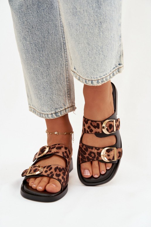 Moteriškos šlepetės Ze aukso spalvosmi su sagtimismi su leopardo kailio raštais juodos ir rudos spalvos Danelle