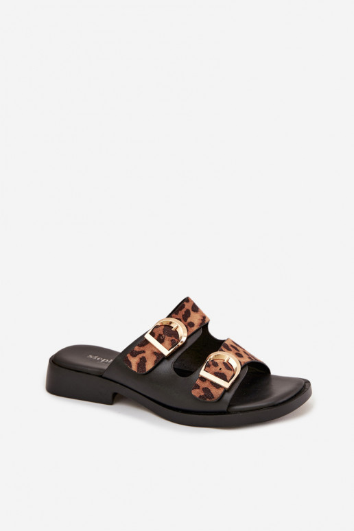 Moteriškos šlepetės Ze aukso spalvosmi su sagtimismi su leopardo kailio raštais juodos ir rudos spalvos Danelle