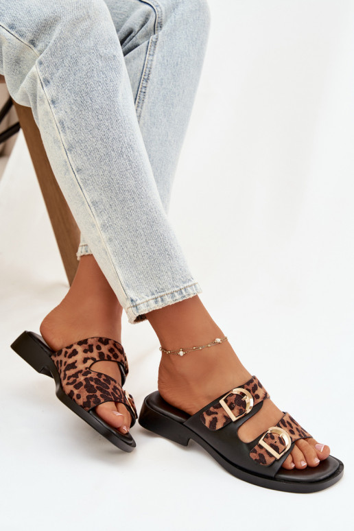 Moteriškos šlepetės Ze aukso spalvosmi su sagtimismi su leopardo kailio raštais juodos ir rudos spalvos Danelle