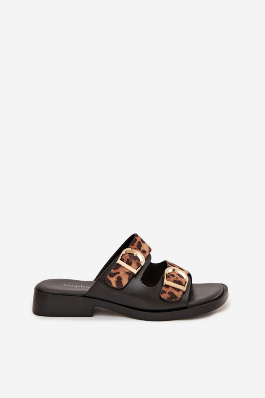 Moteriškos šlepetės Ze aukso spalvosmi su sagtimismi su leopardo kailio raštais juodos ir rudos spalvos Danelle