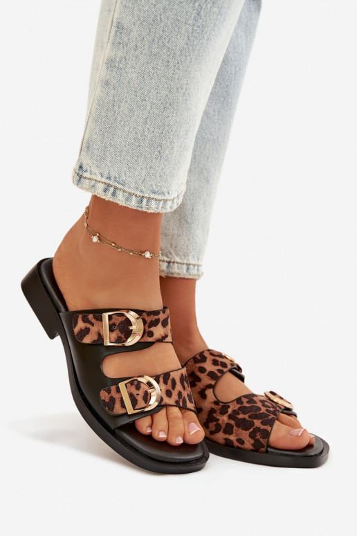 Moteriškos šlepetės Ze aukso spalvosmi su sagtimismi su leopardo kailio raštais juodos ir rudos spalvos Danelle