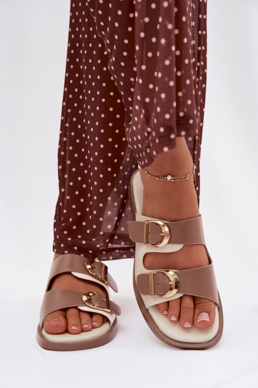 Moteriškos šlepetės Ze aukso spalvosmi su sagtimismi smėlio spalvos Danelle