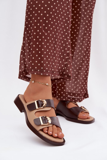 Moteriškos šlepetės Ze aukso spalvosmi su sagtimismi smėlio spalvos-rudos spalvos Danelle 2