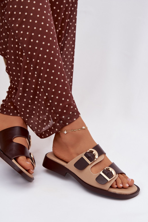 Moteriškos šlepetės Ze aukso spalvosmi su sagtimismi smėlio spalvos-rudos spalvos Danelle