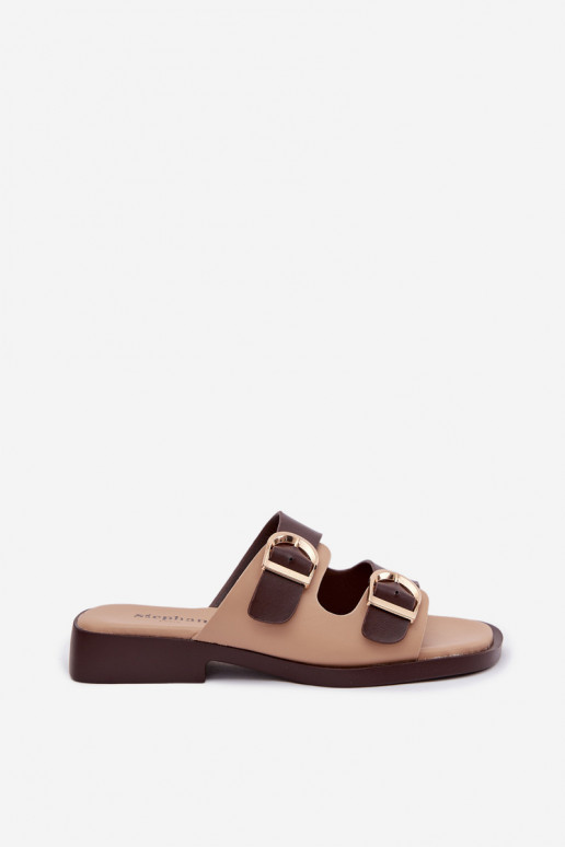 Moteriškos šlepetės Ze aukso spalvosmi su sagtimismi smėlio spalvos-rudos spalvos Danelle