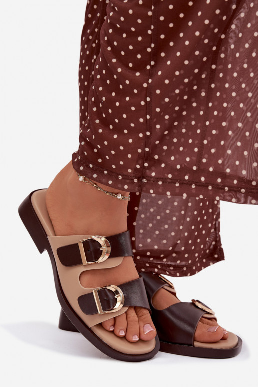 Moteriškos šlepetės Ze aukso spalvosmi su sagtimismi smėlio spalvos-rudos spalvos Danelle