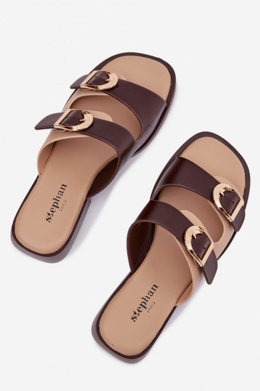 Moteriškos šlepetės Ze aukso spalvosmi su sagtimismi smėlio spalvos-rudos spalvos Danelle