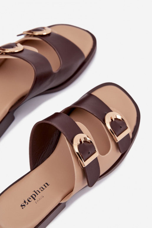 Moteriškos šlepetės Ze aukso spalvosmi su sagtimismi smėlio spalvos-rudos spalvos Danelle