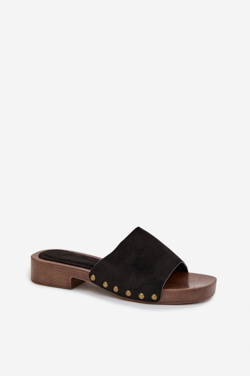 Moteriškos šlepetės su plačiais kulniukais Ze aukso spalvosmi Smeigės juodos spalvos Girella