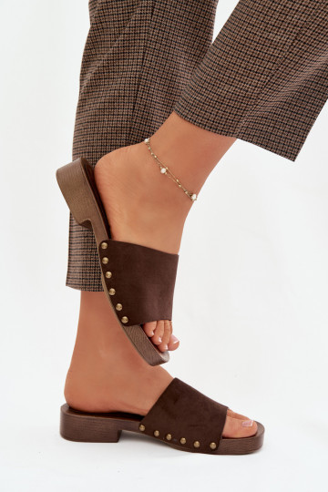 Moteriškos šlepetės su plačiais kulniukais Ze aukso spalvosmi Smeigės CzekoladoĮe Girella