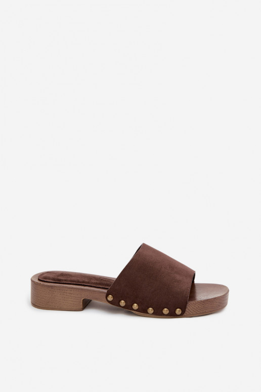 Moteriškos šlepetės su plačiais kulniukais Ze aukso spalvosmi Smeigės CzekoladoĮe Girella